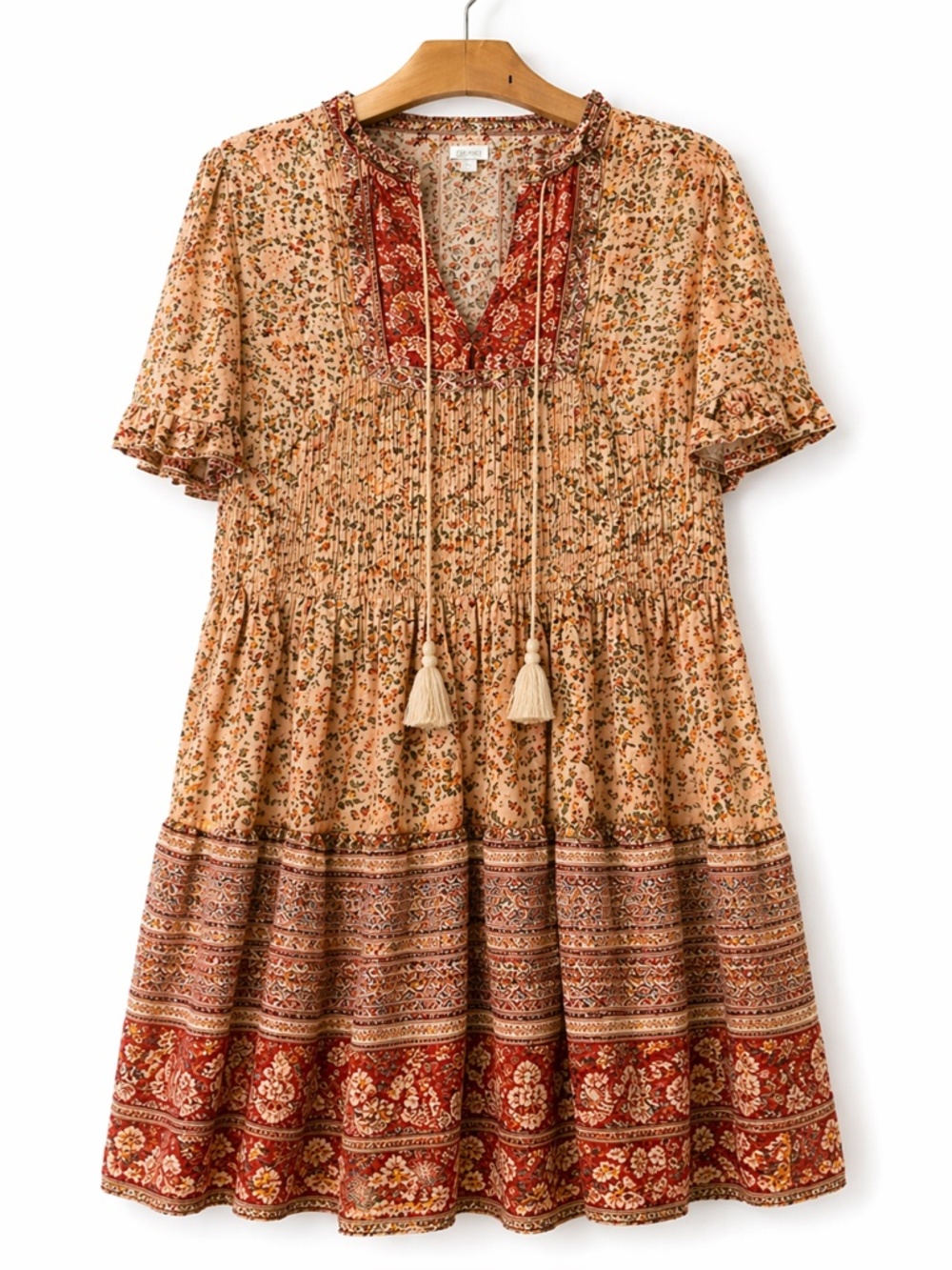 Sundance Boho Floral Peasant Dress Tassel Tie Tiered Prairie Large